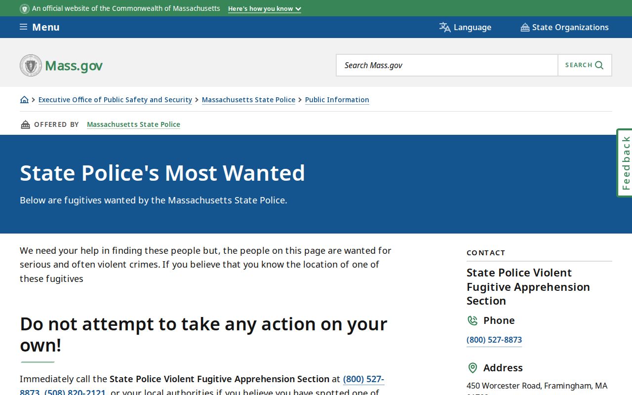 Massachusetts State Police most wanted source for Dukes County warrant research