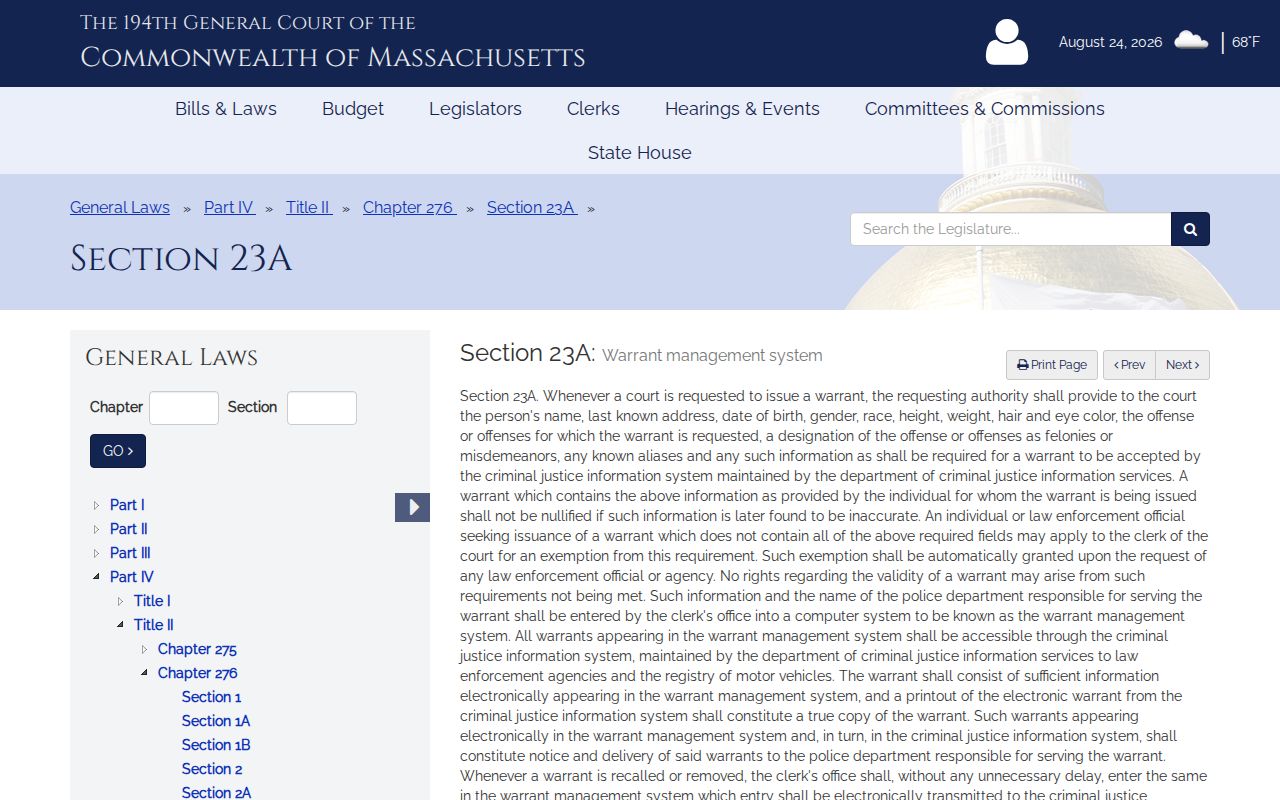 Massachusetts warrant statute used for Dukes County warrant checks